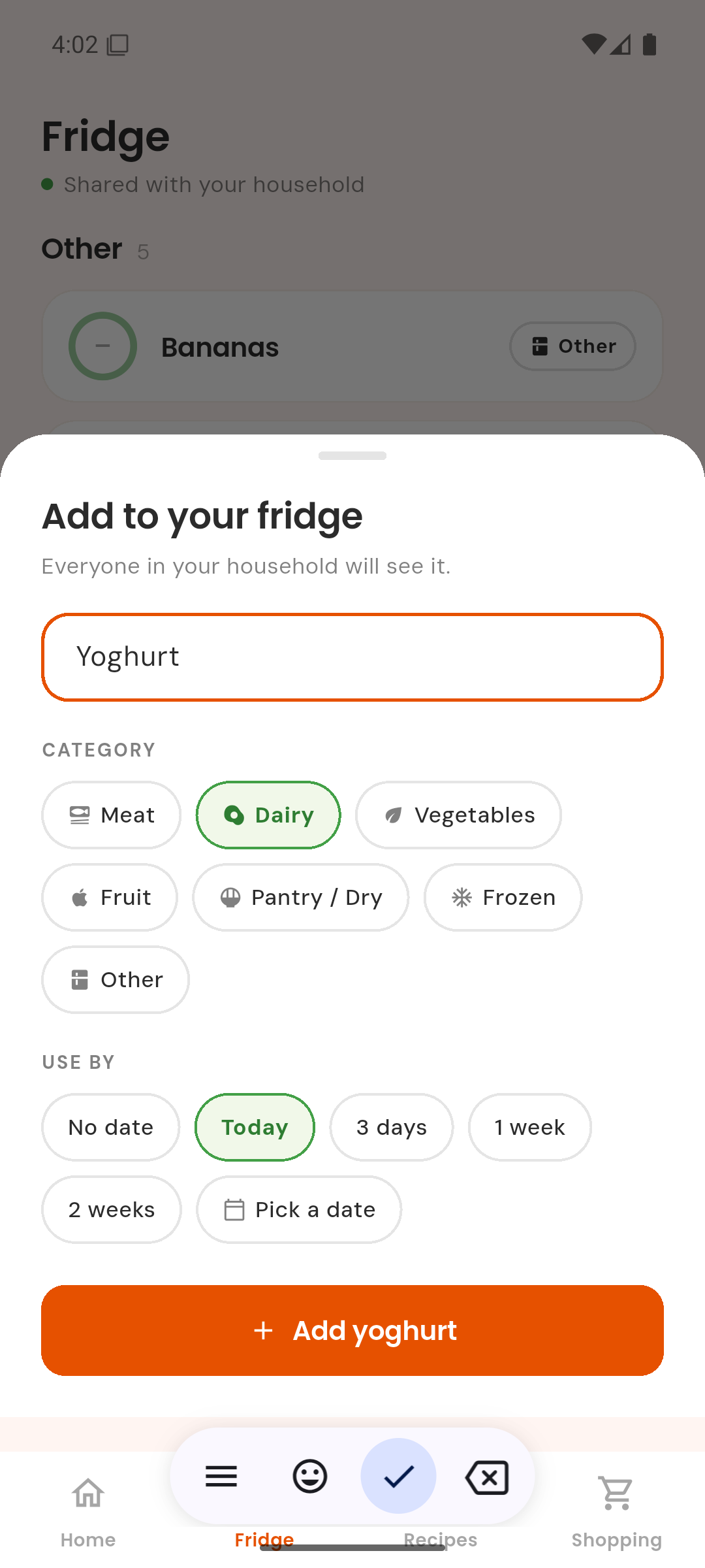 Adding yoghurt to the fridge with category and use-by chips