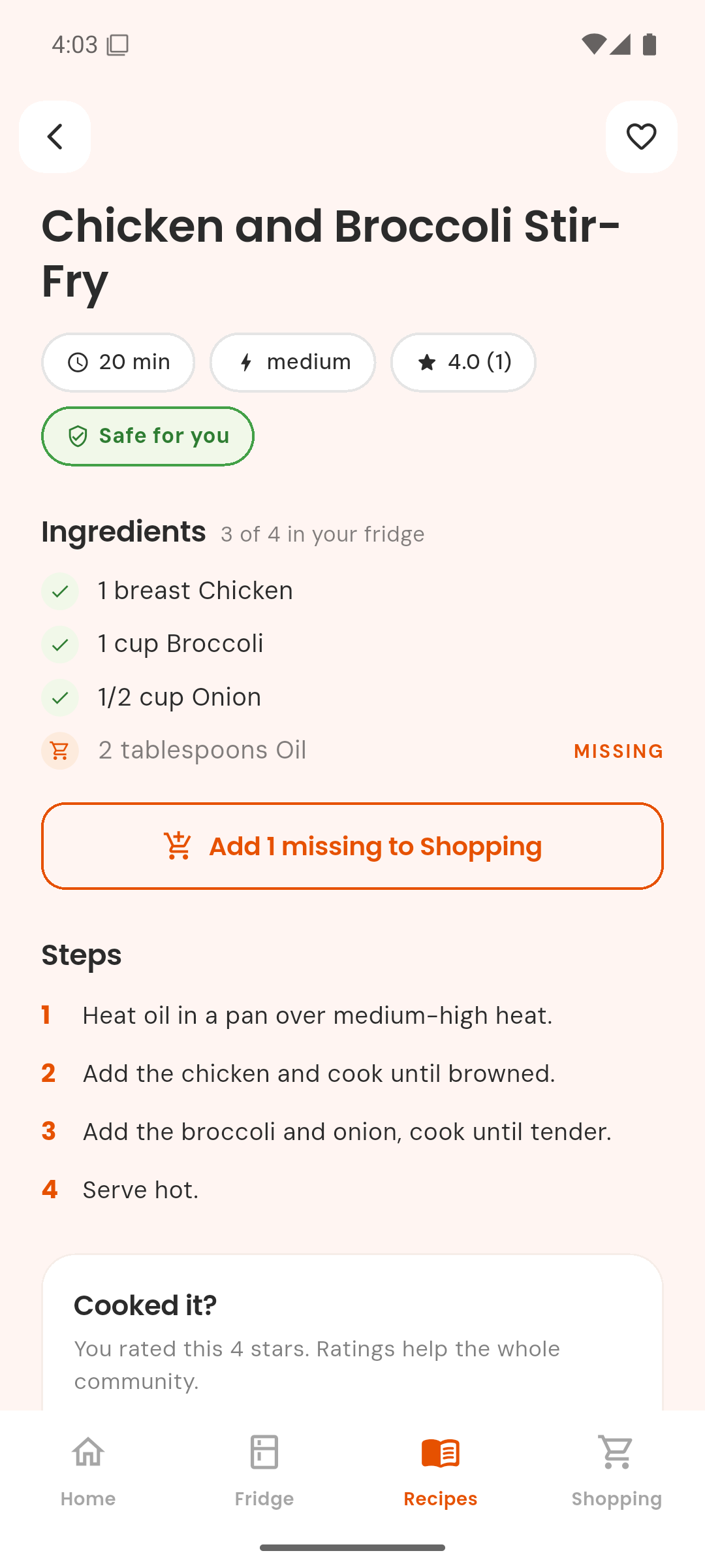 Recipe detail with ingredients matched against the fridge