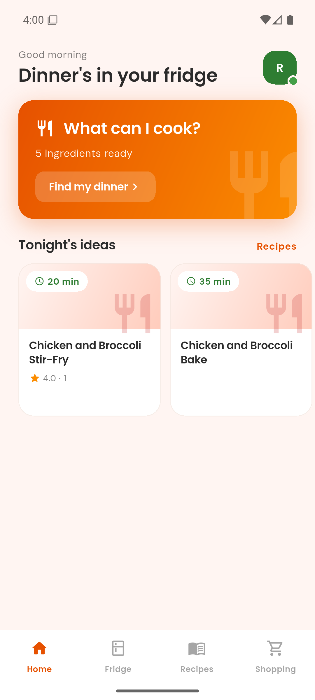 Friveo home screen showing what you can cook tonight